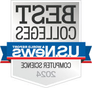 Logo of U.S. News & World Report featuring the text 'BEST COLLEGES', 'USN&WR', and 'Computer Science 2024' on a badge with a gray and white color scheme and blue and red ribbons.